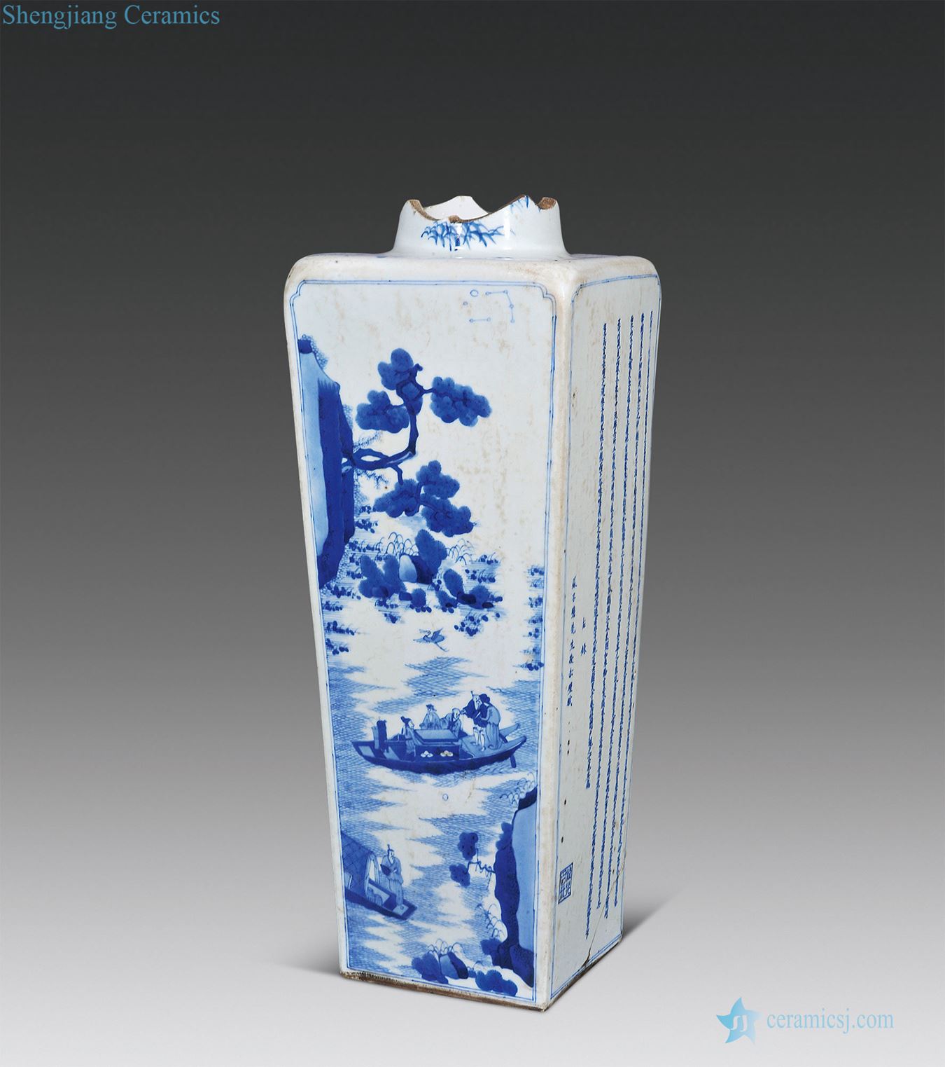 The qing emperor kangxi Blue and white literary landscape character poems bottle nature round place