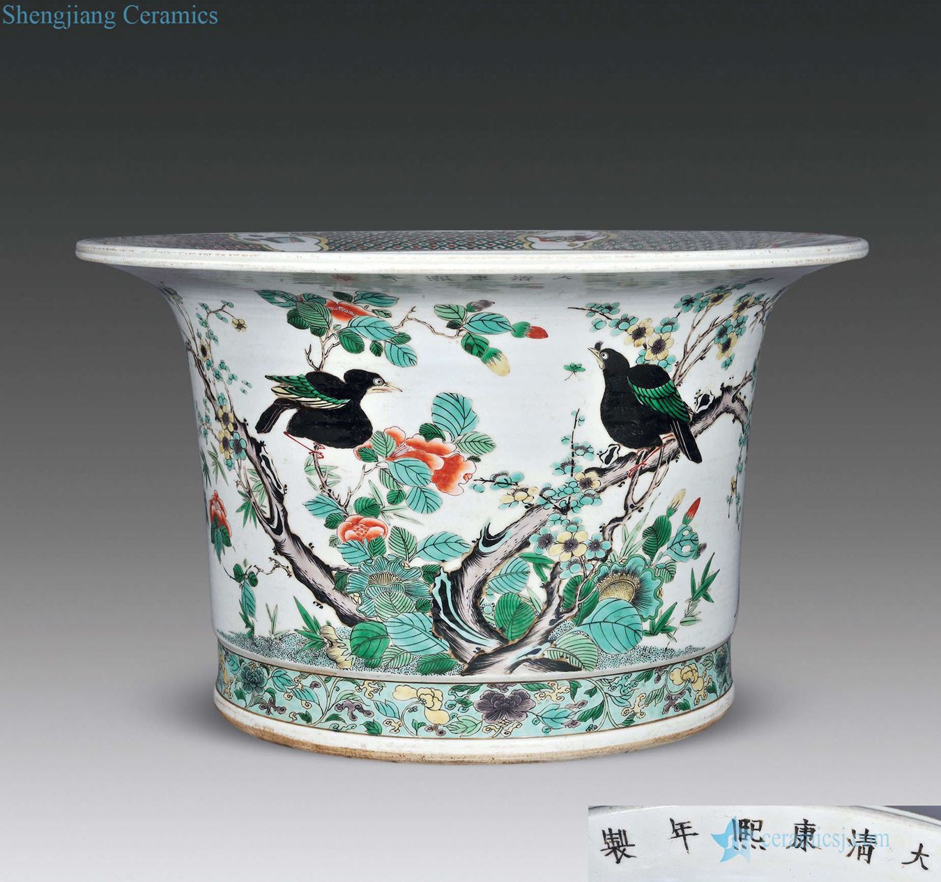 qing Colorful flowers and birds grain big flower pot