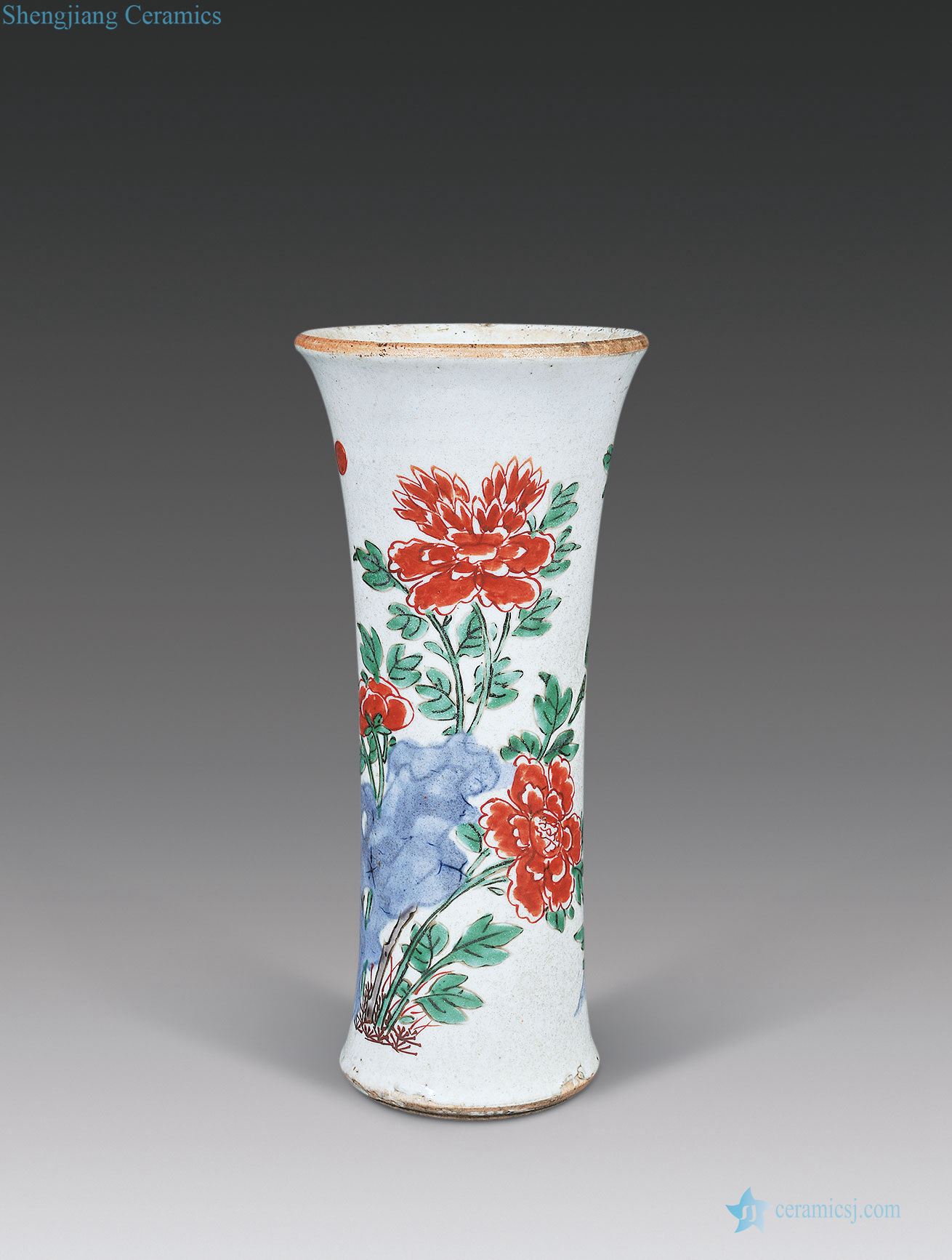 Qing shunzhi Blue and white grain flower vase with colorful painting of flowers and birds