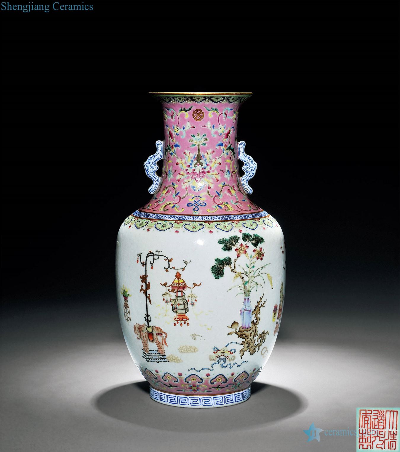 Clear light pastel branch lotus antique vase with a bat