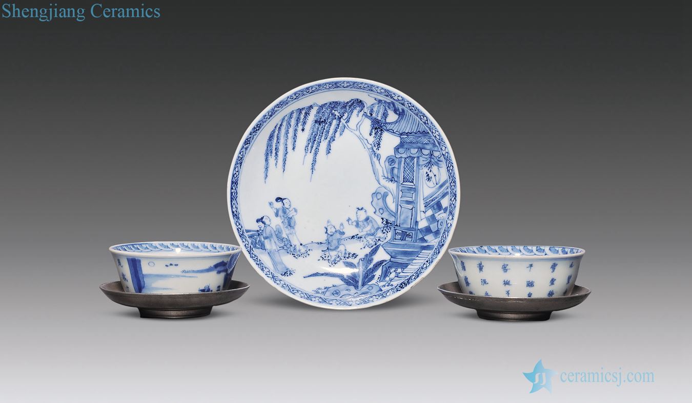In the early qing Blue and white lady baby play figure, blue and white literary works in the narrative poems cup (three)