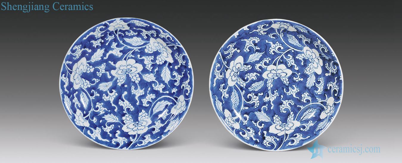 The qing emperor kangxi Blue and white space around peony tray (a)