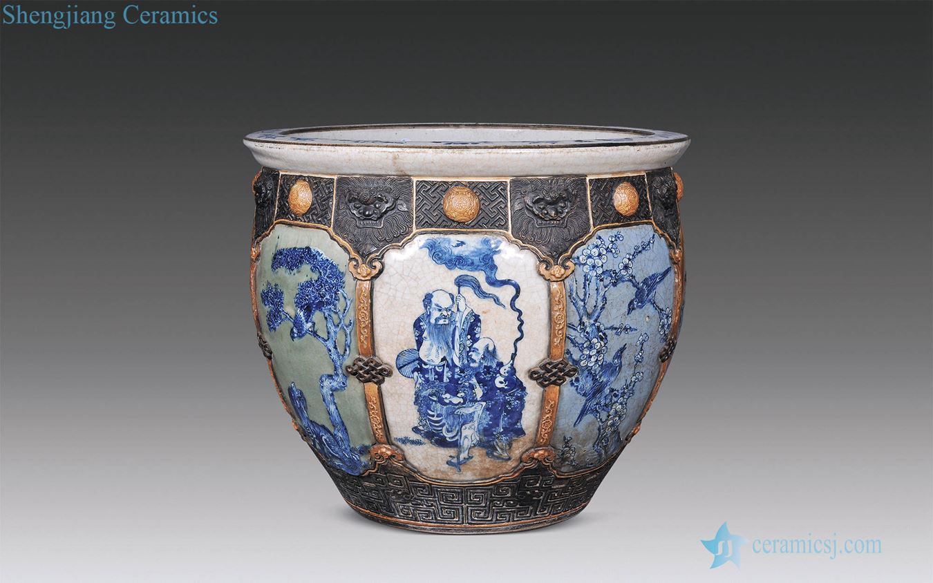 Mid qing Rust flowers plastic coated beast medallion figure of blue and white flower on the eight immortals in the cylinder