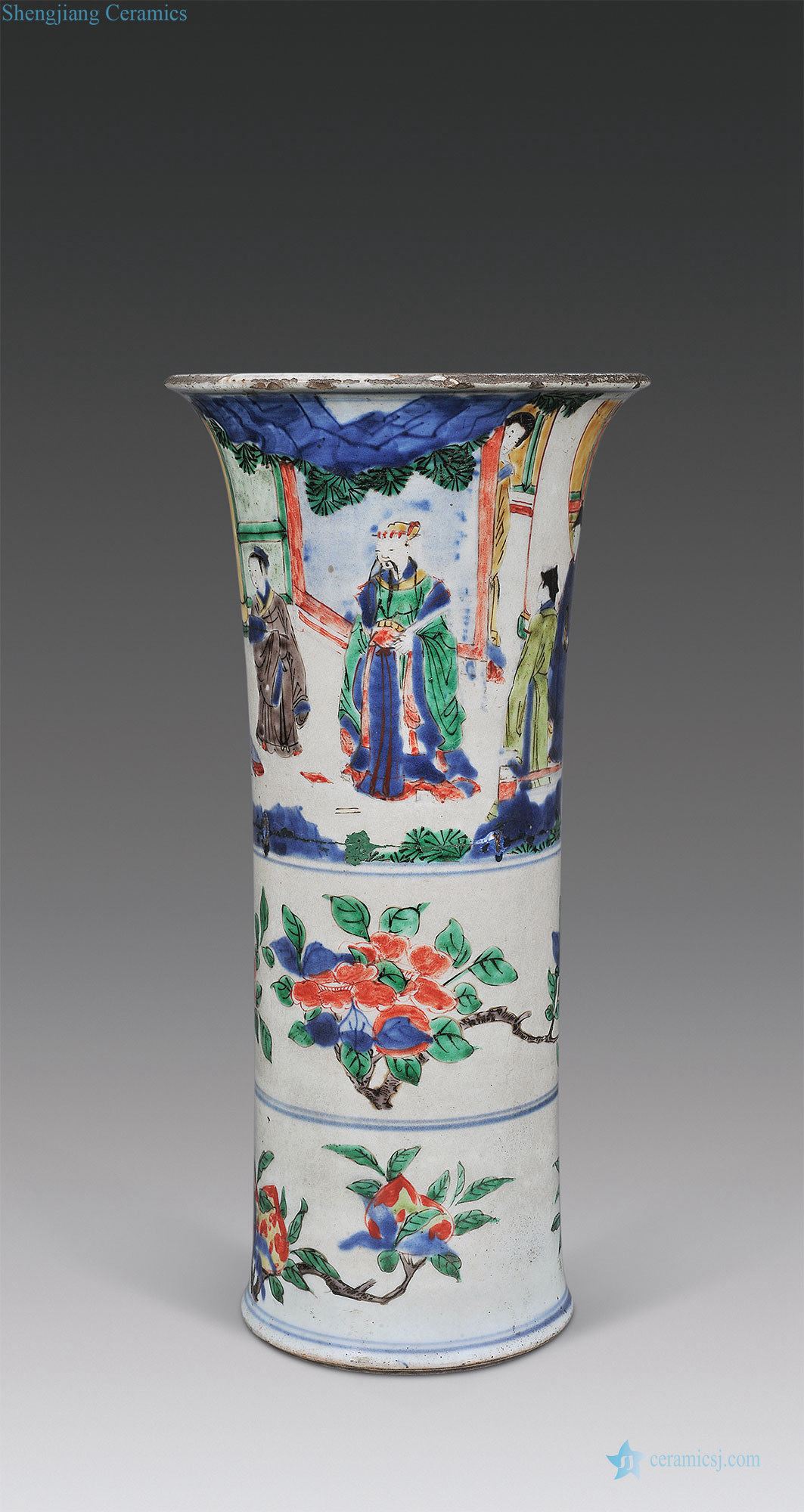 Qing shunzhi Blue and white stripes flower vase with colorful characters