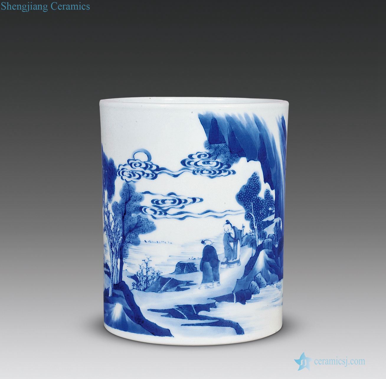 The qing emperor kangxi Blue and white landscape character tattoo pen container