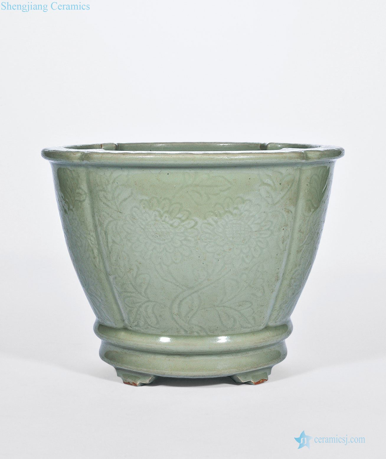 Ming Longquan celadon glaze dark moment chrysanthemum grain flower pot