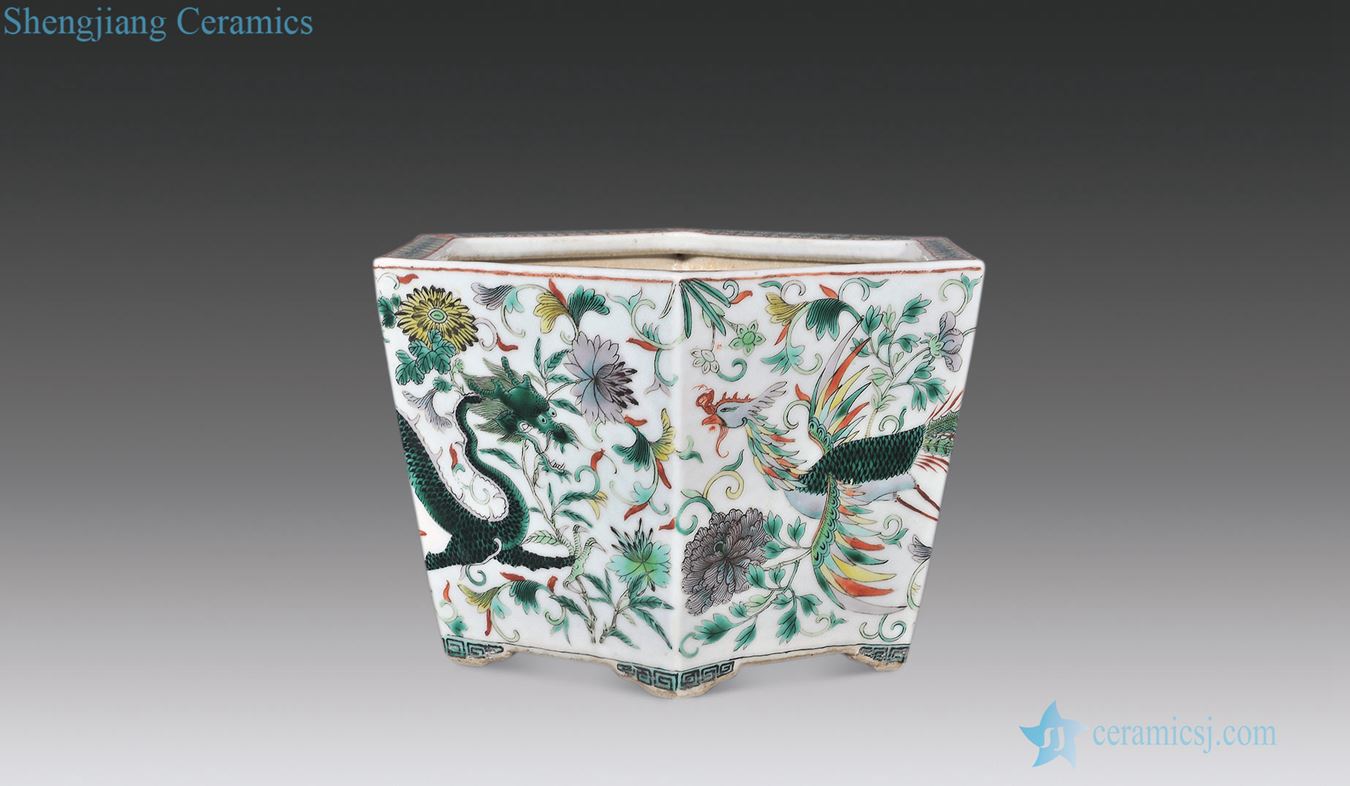 In late qing dynasty Colorful floral longfeng grain six-party flowerpot