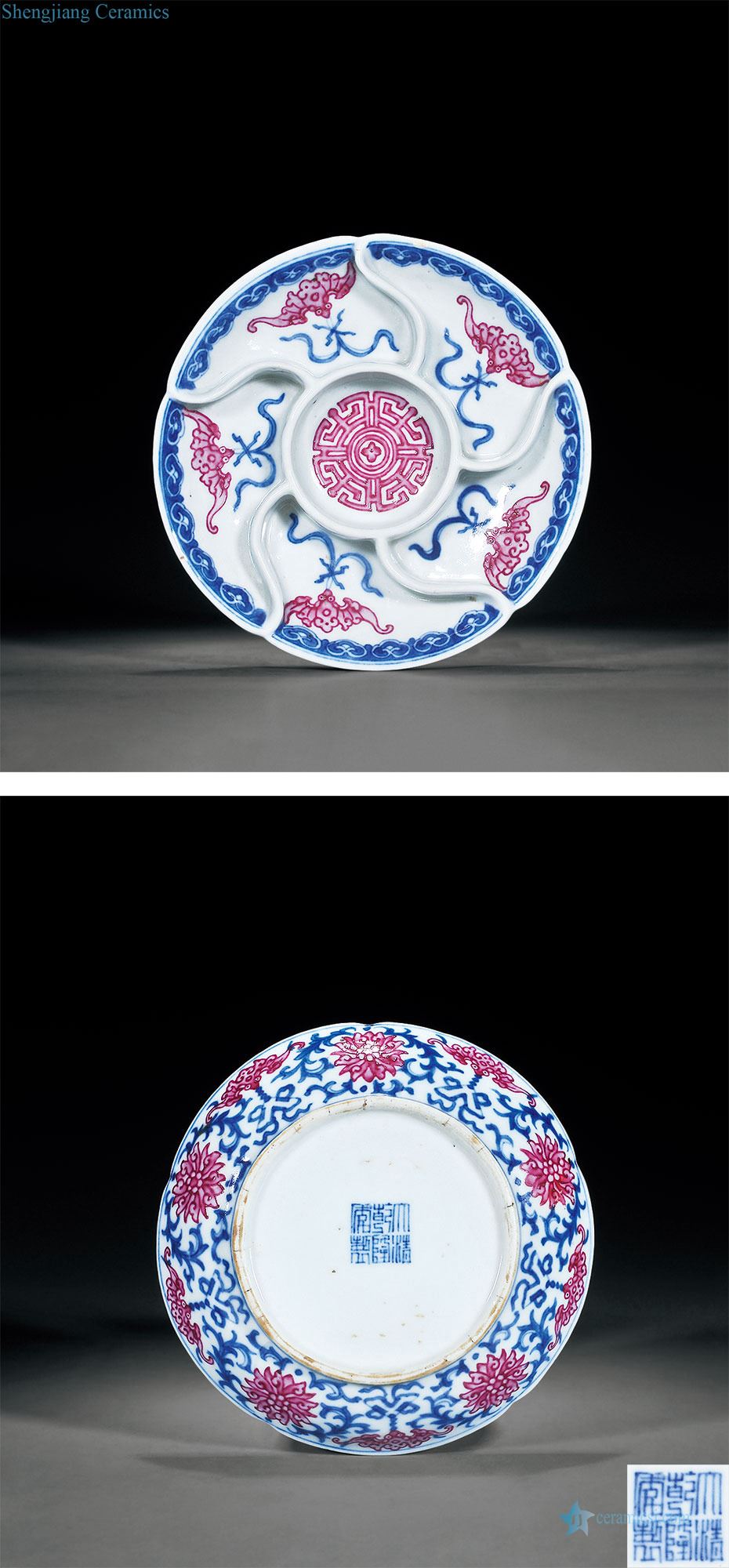 Qing qianlong blue-and-white carmine lotus flower fu wen palette