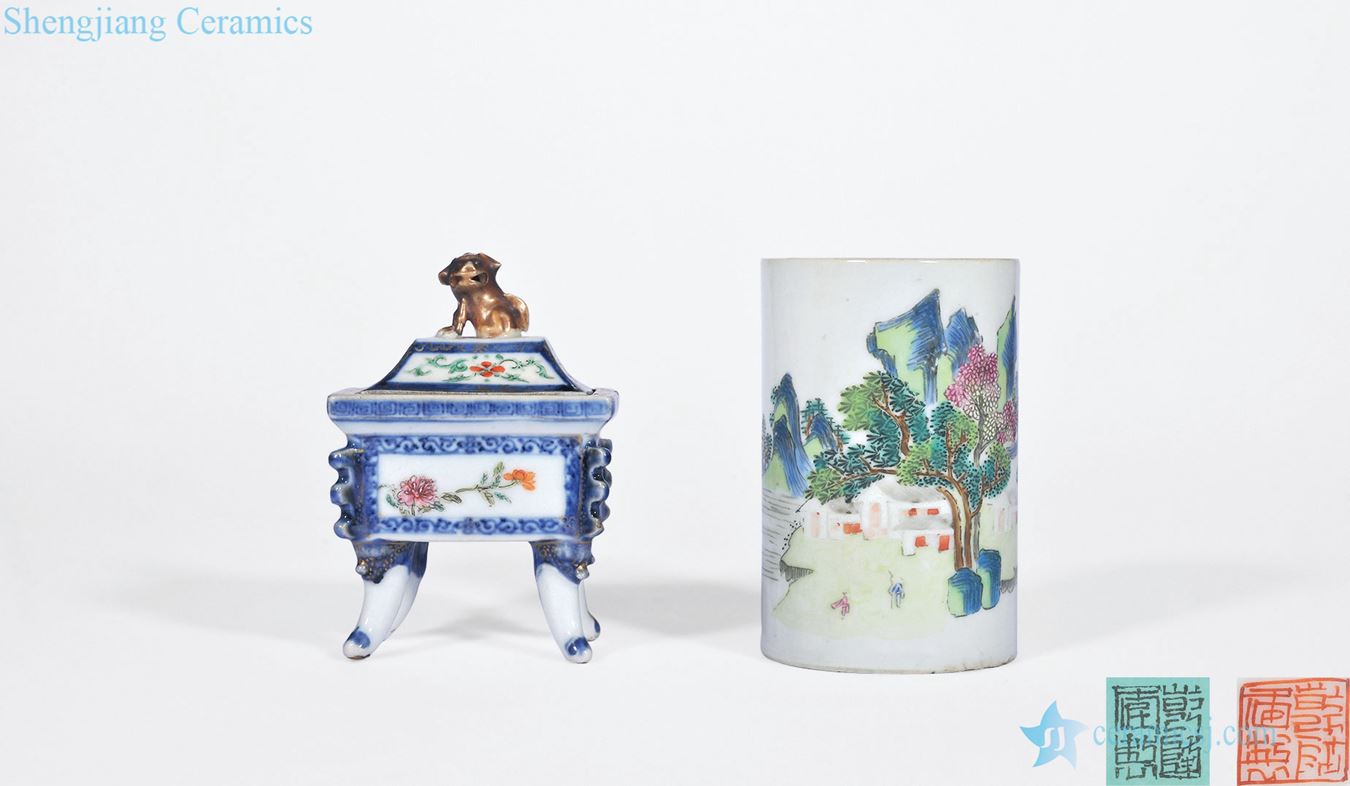 Qing qianlong pastel landscapes, blue and white medallion famille rose flower vase lines small ding furnace each one