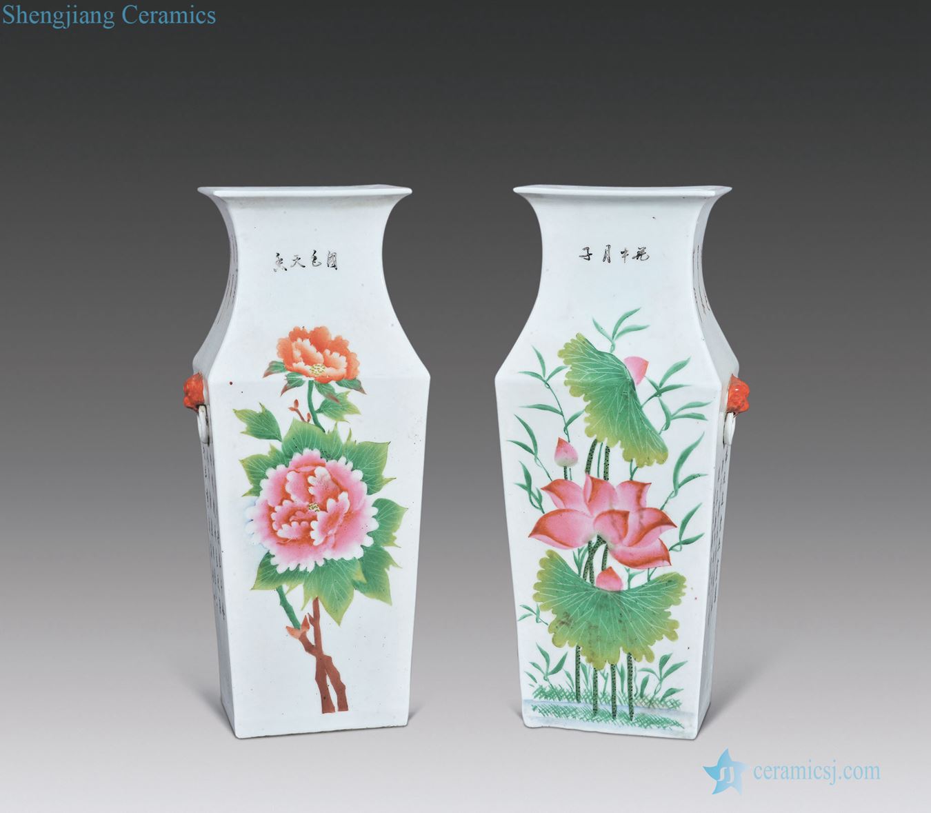 In late qing pastel flowers poetry lion ear square bottle (a)