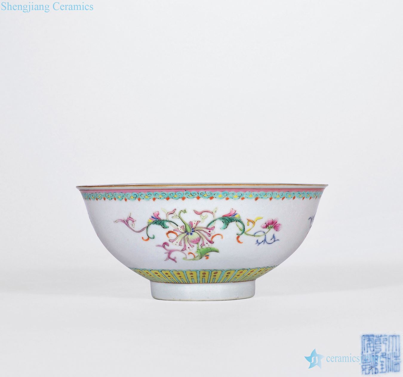 Qing qianlong pastel fold branch flowers green-splashed bowls