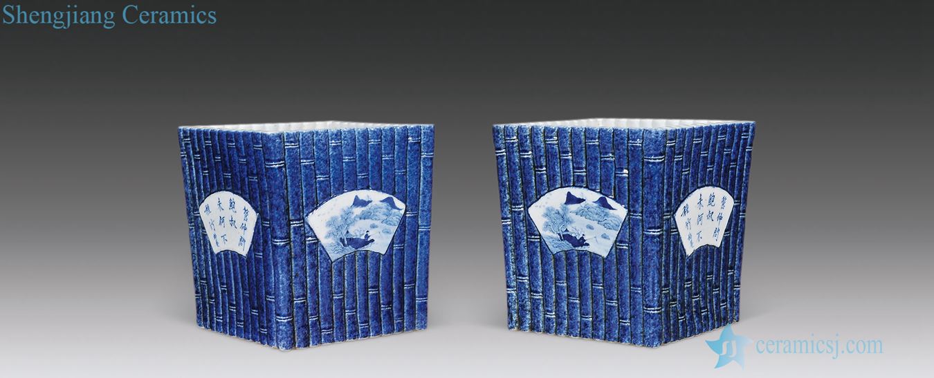 In late qing dynasty Blue and white landscape poems with blue glaze medallion bamboo pot (a)