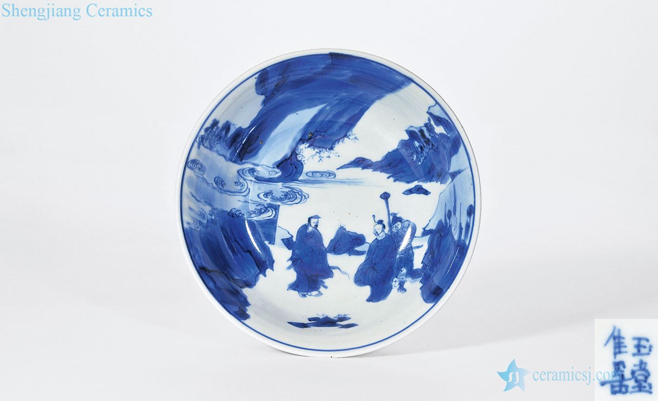 Qing shunzhi Blue and white inside outside Gao Shitu carved porcelain kam to blue and white landscape character lines with medallion bowl