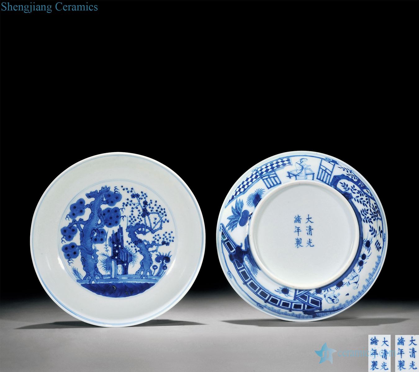 Qing guangxu Imitated yongle blue and white within, poetic figure lady baby play outside plate (a)