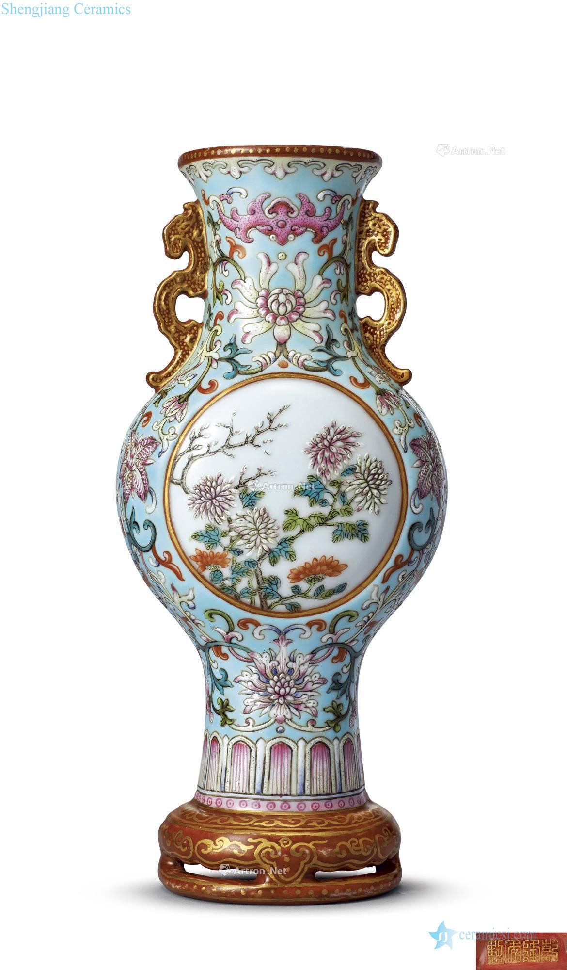Qing qianlong green pastel medallion flower grain double therefore ear wall of bottles
