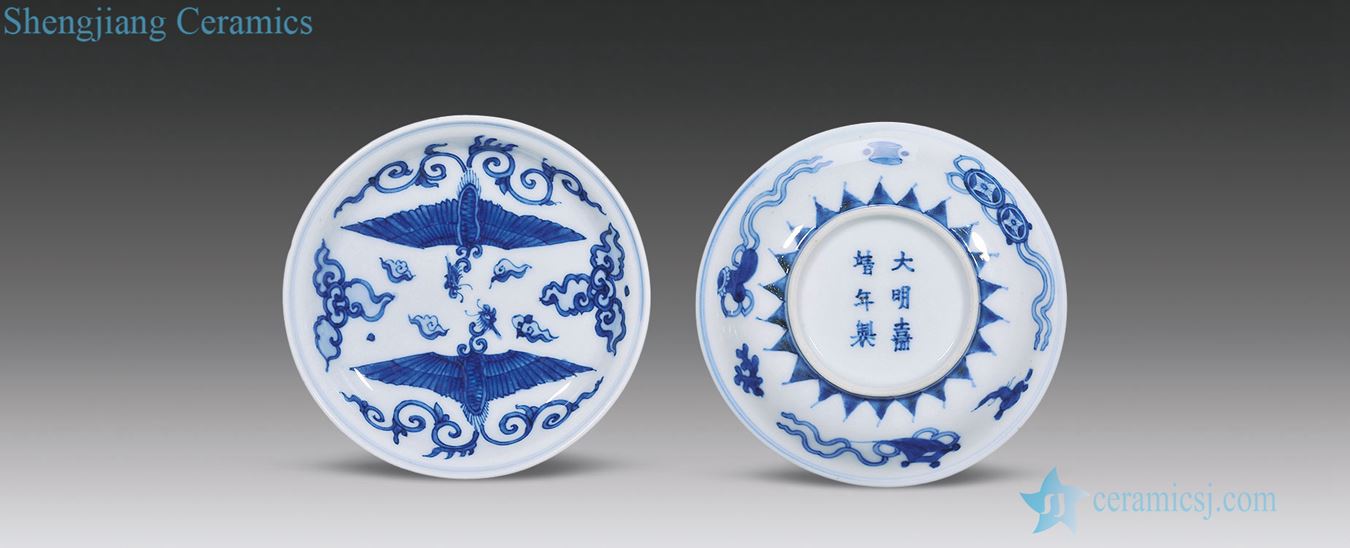 In the early qing Blue and white double phoenix grain small (a)