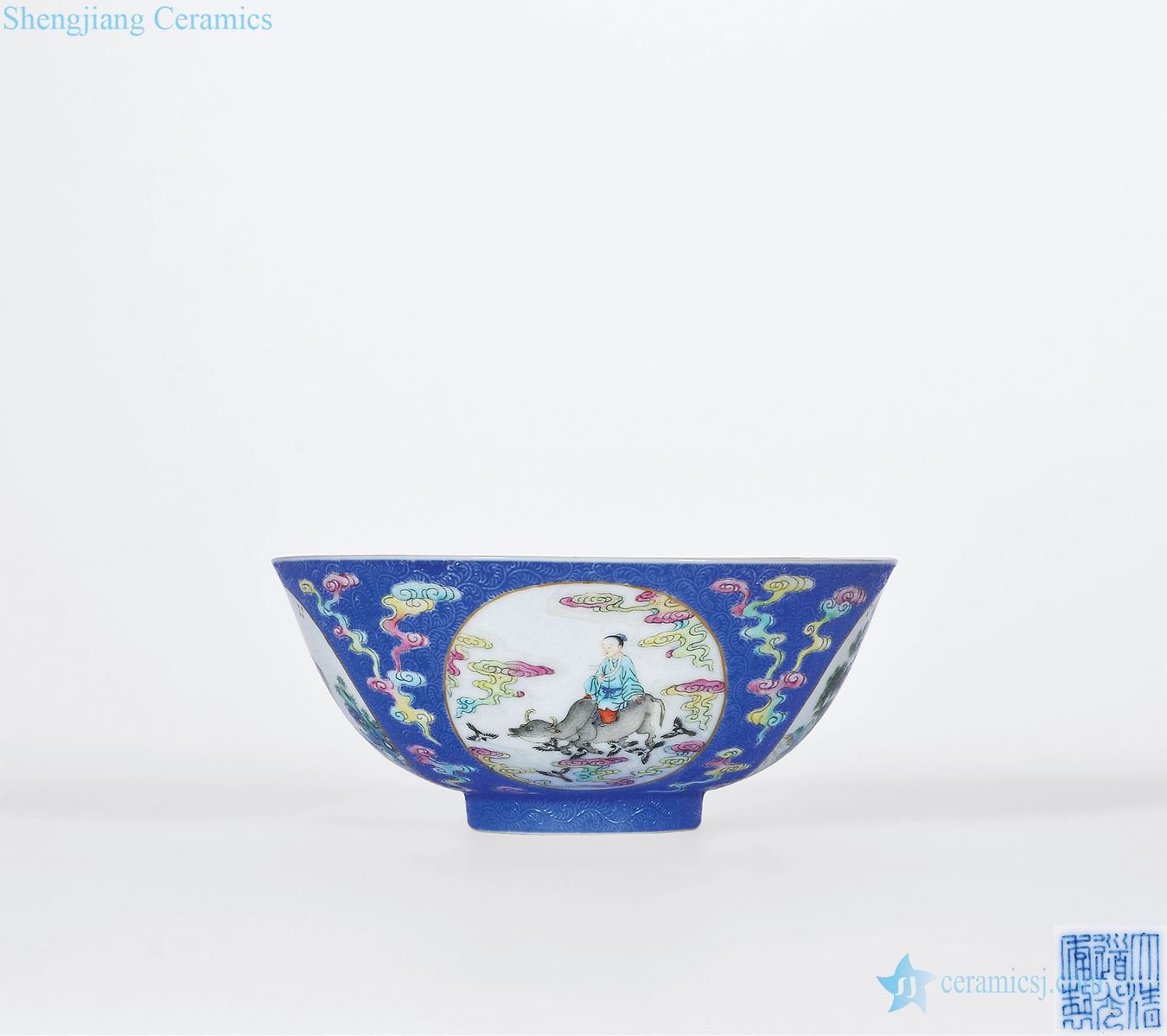 Clear light blue ground rolling way pastel blue outside inside medallion, vega tianhe green-splashed bowls with the fairy characters