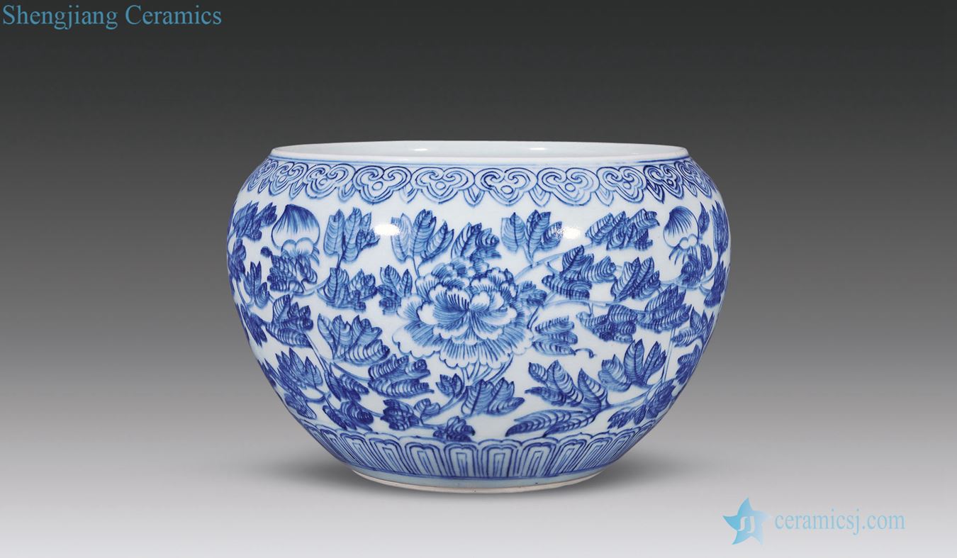 Mid qing Blue and white peony peach lines in cylinder