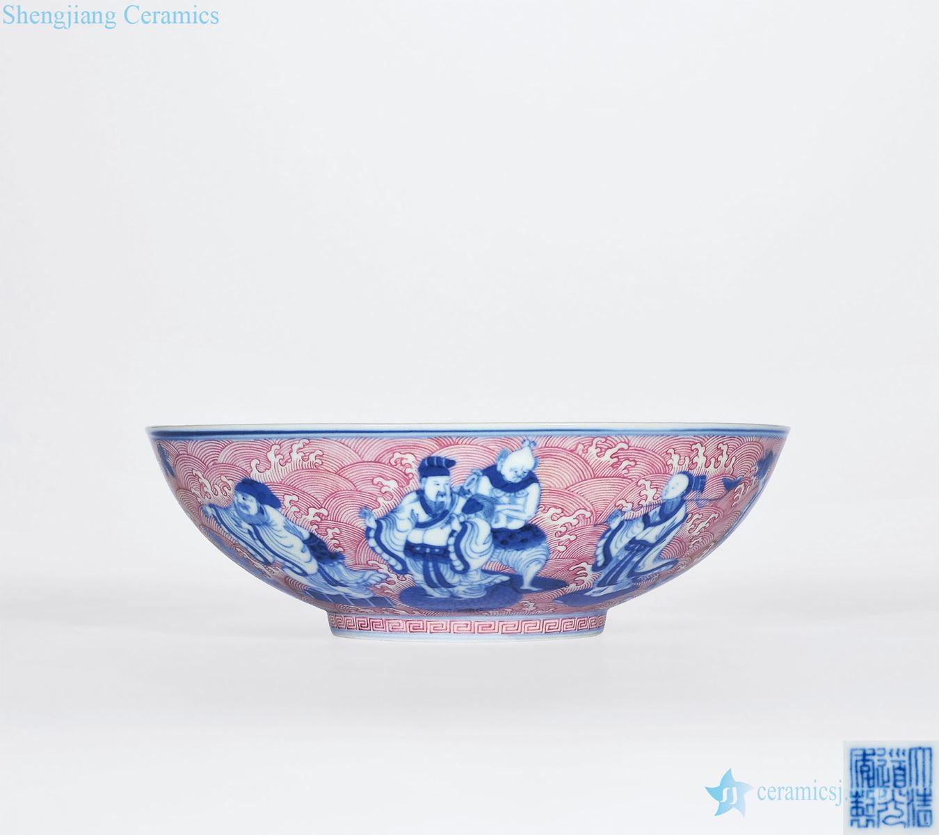 Qing daoguang Blue and white carmine figure large bowl of the eight immortals