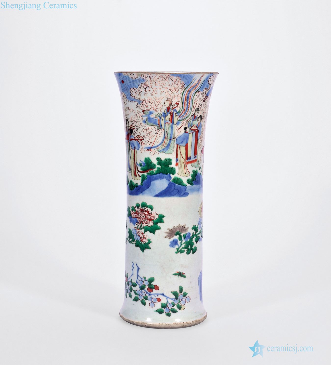 Qing shunzhi Blue and white stripes flower vase with colorful fairy characters