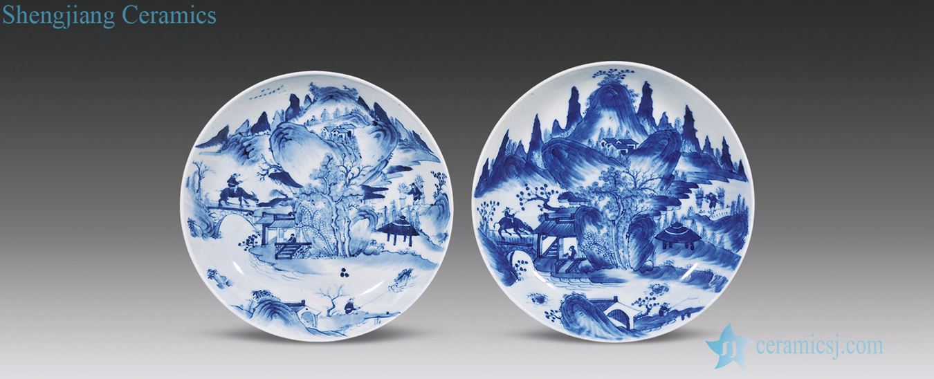 Qing guangxu Blue and white landscape character tray (a)