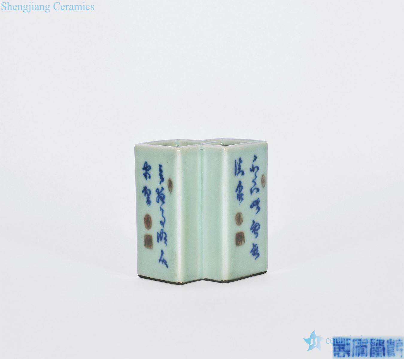 Qing qianlong Blue and white youligong verse double pen container