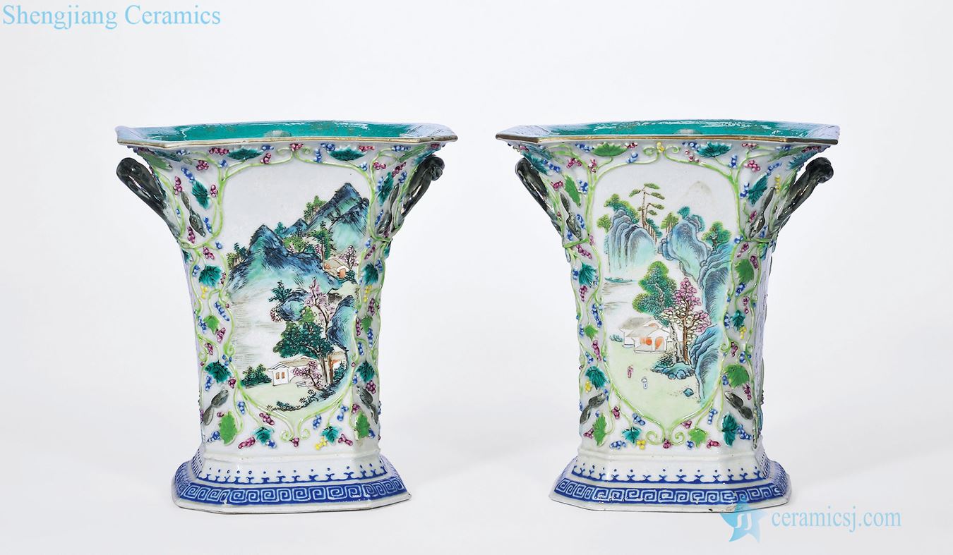 Mid qing pastel plastic coated squirrel grape medallion landscape character lines receptacle (a)