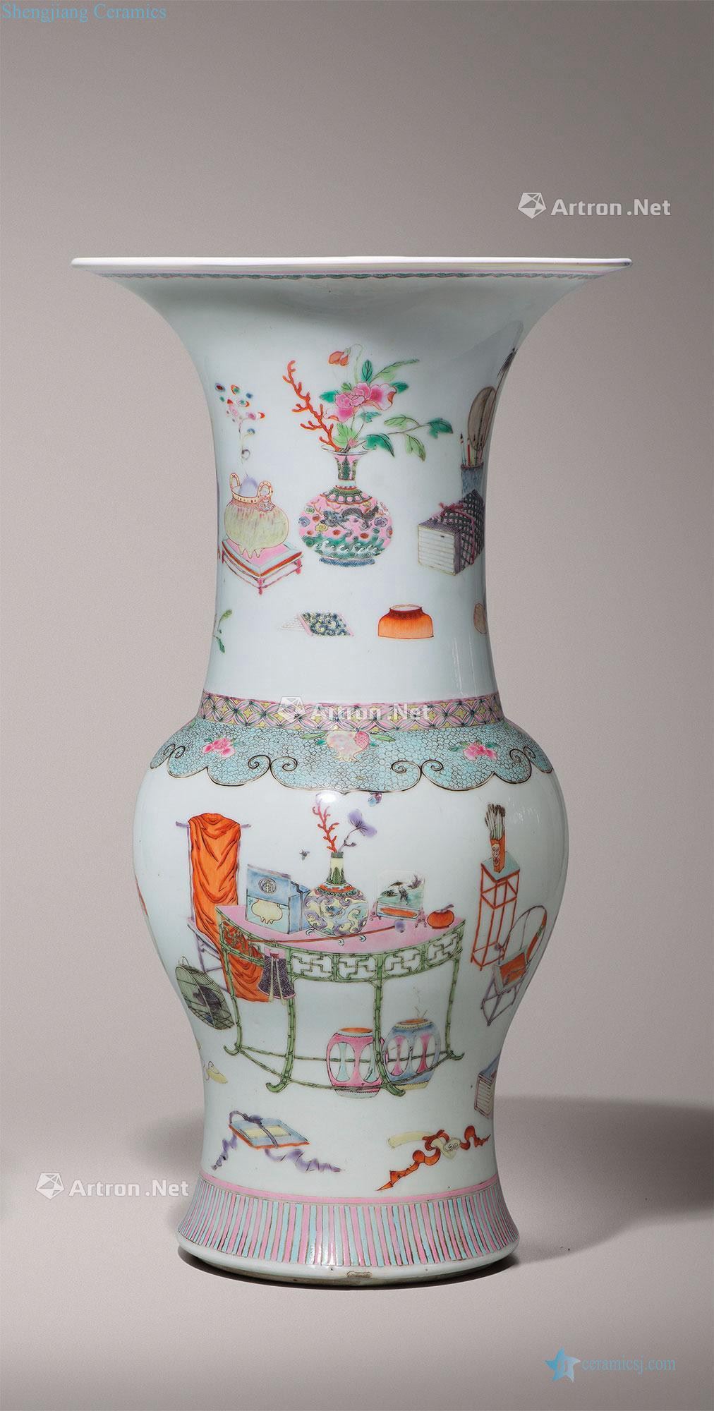 Qing yongzheng famille rose flower vase with antique diagram