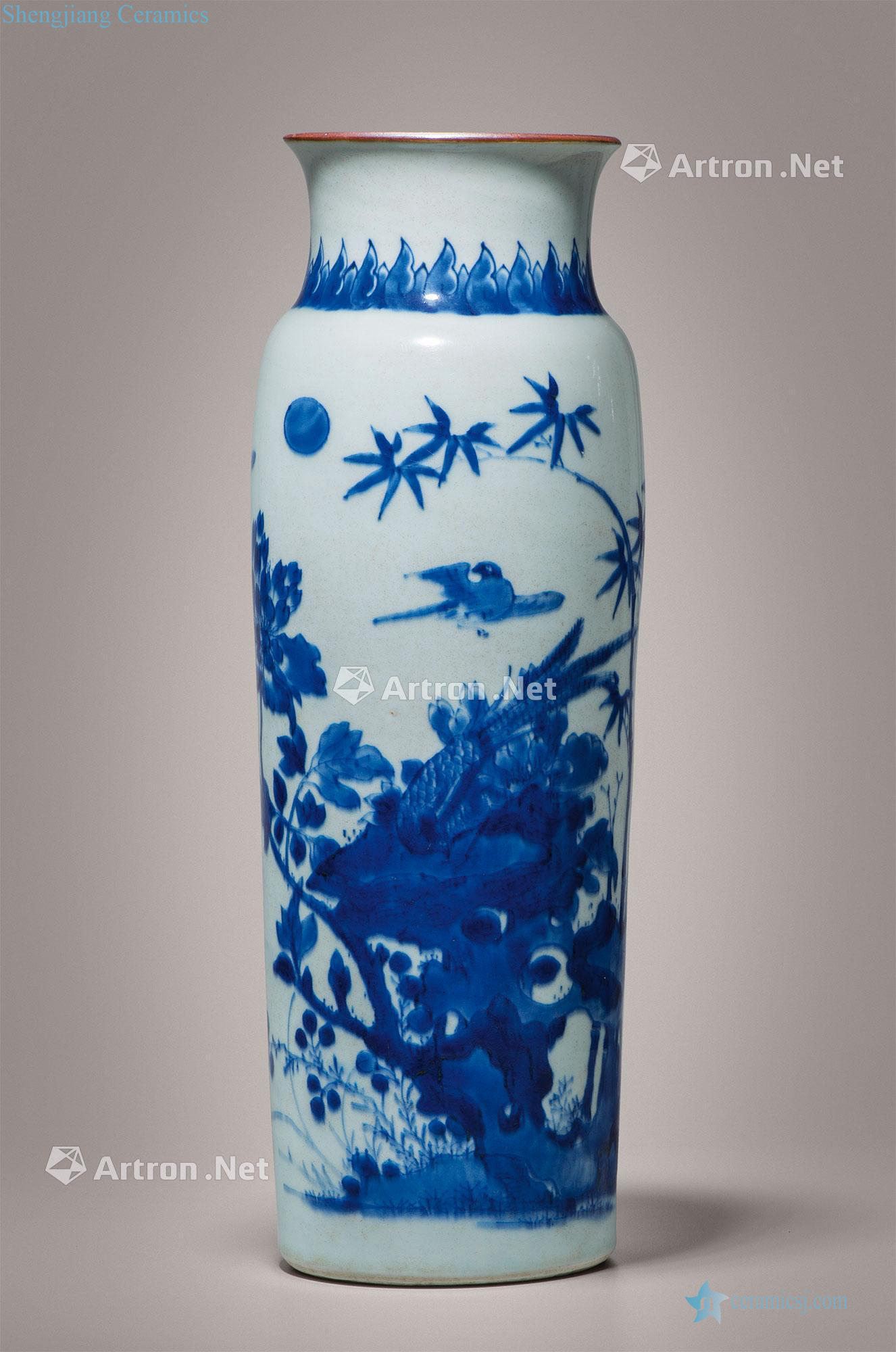 Qing shunzhi Blue and white flower on grain tube bottles