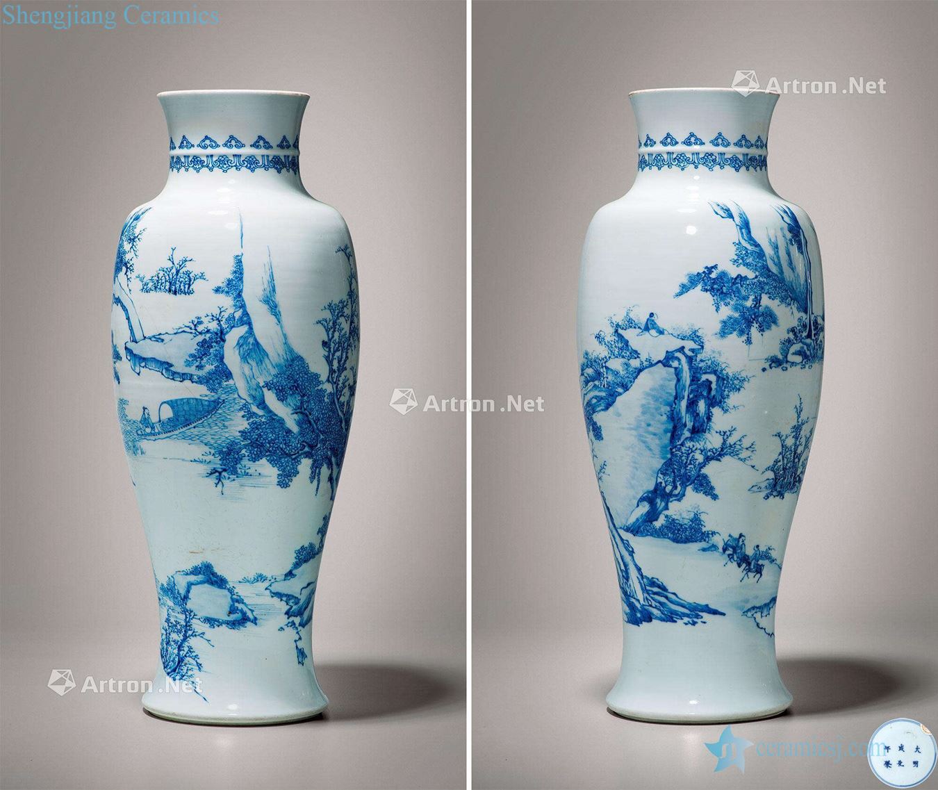 The qing emperor kangxi Blue and white waterfall figure goddess of mercy bottle