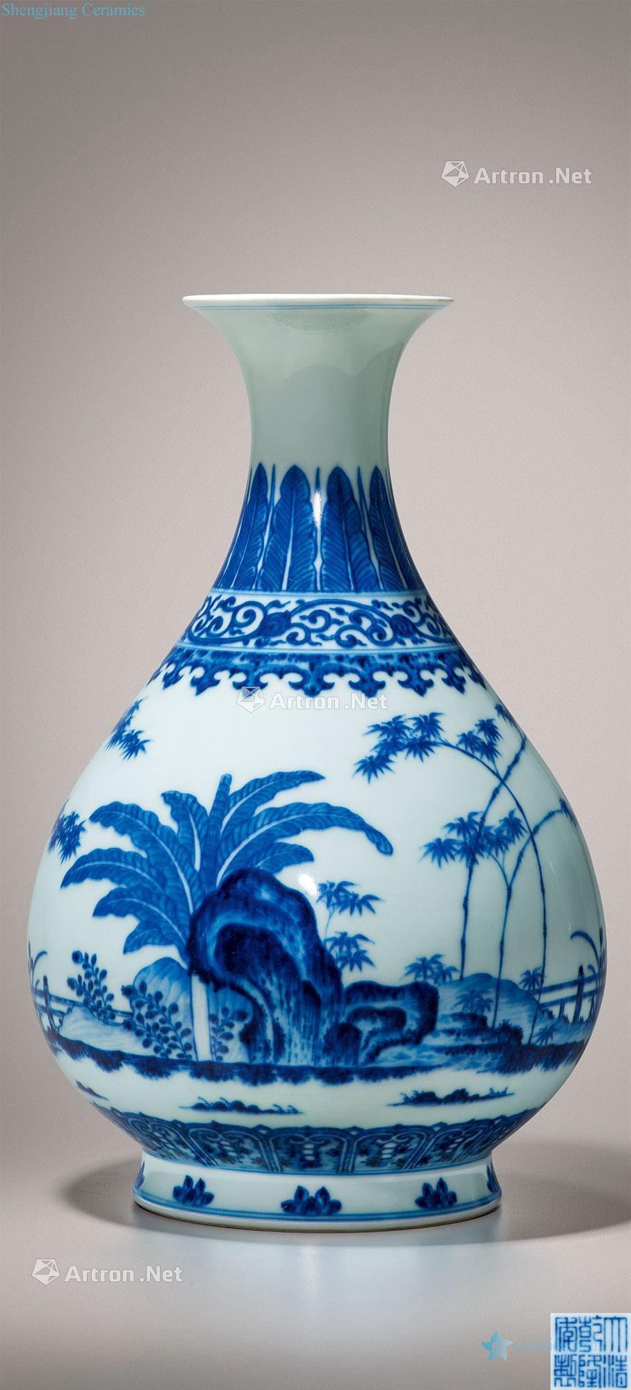 Qing qianlong Blue and white bamboo garden stone figure okho spring bottle of banana