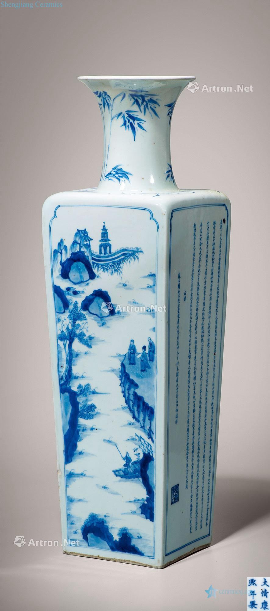 The qing emperor kangxi Blue and white literary works by square wooden stick bottle