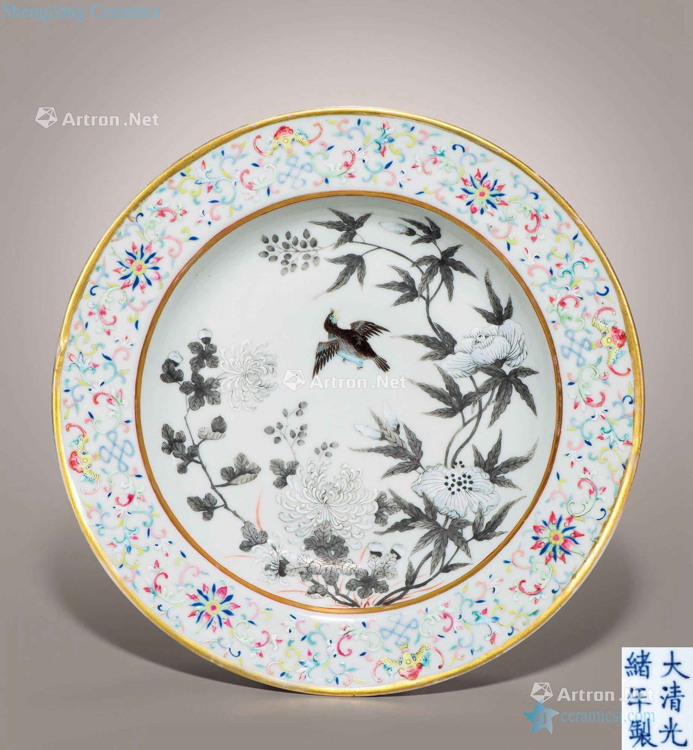 Qing guangxu pastel flowers around branches medallion color ink painting of flowers and grain fold along the plate