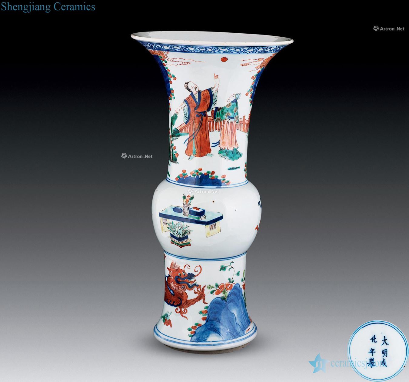 Qing guangxu Blue and white stripes flower vase with colorful fairy characters