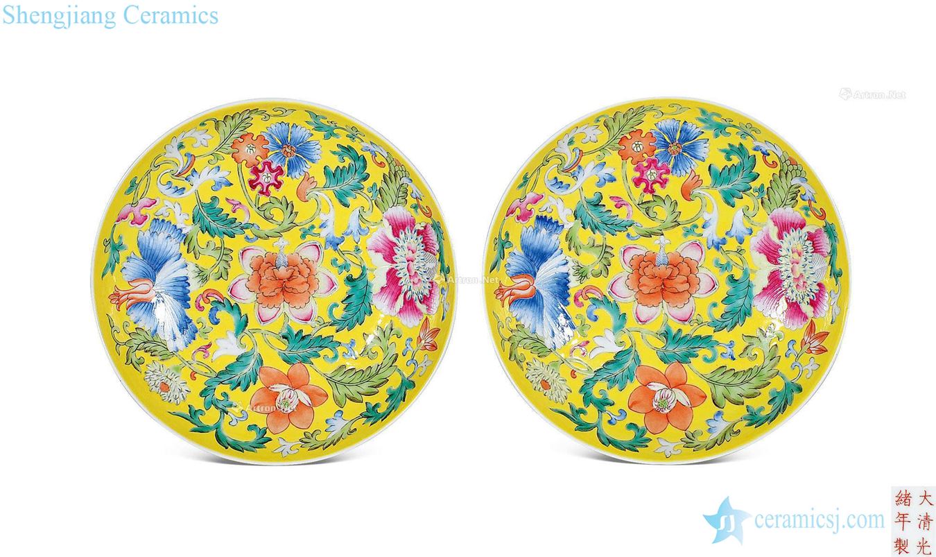 Qing guangxu To color the flowers yellow tray (a)
