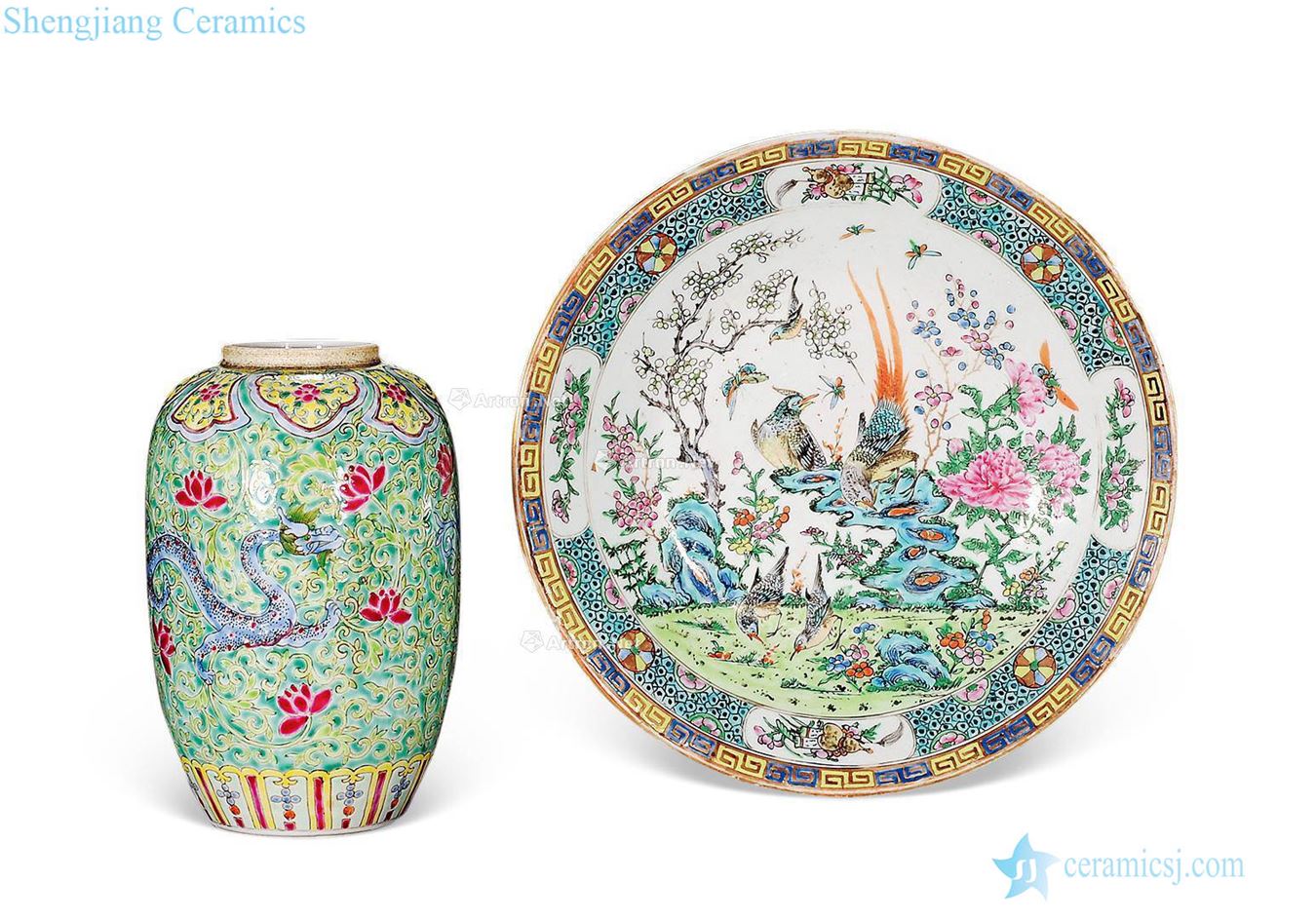 Qing guang pheasant grain disc, enamel wear flower dragon tank