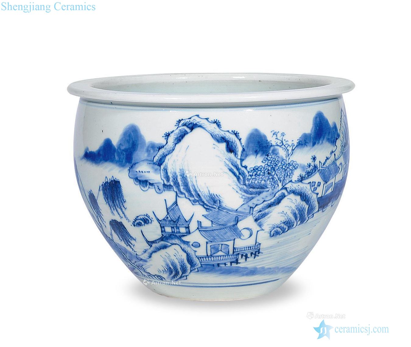 The qing emperor kangxi Blue and white landscape grain volume cylinder