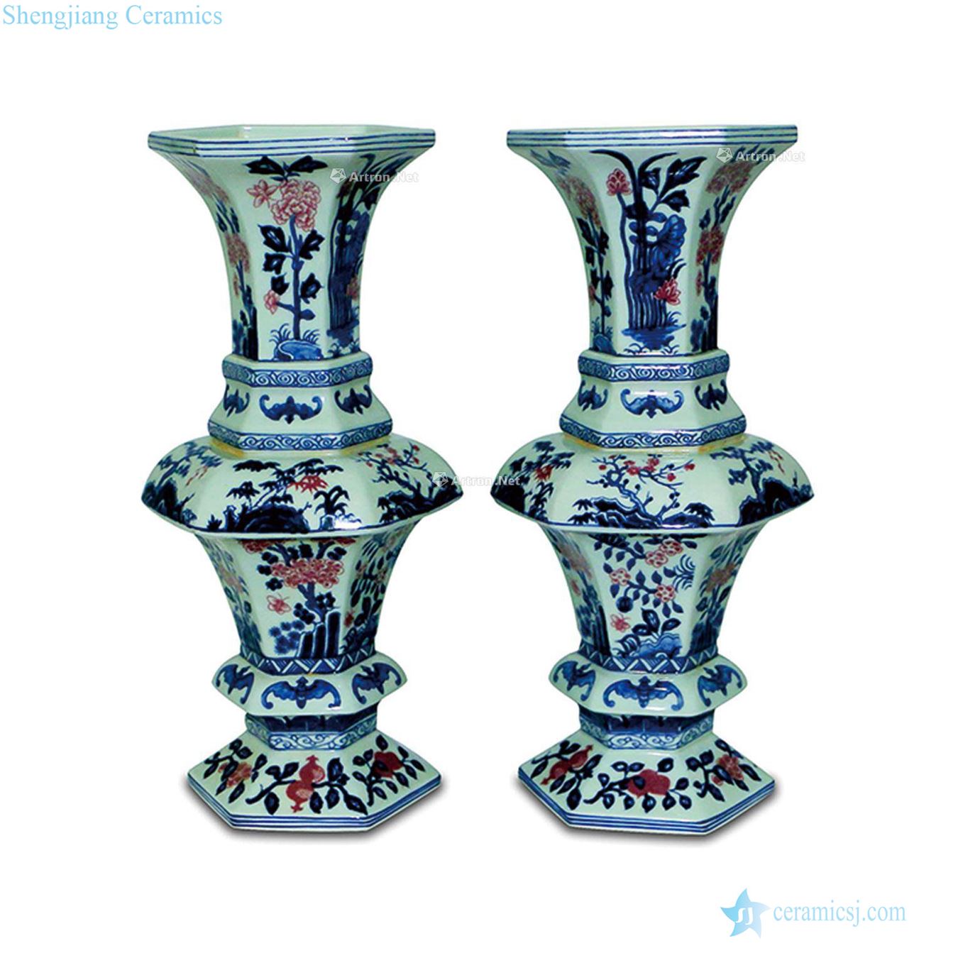 Blue and white youligong GongLiu square vase with flowers