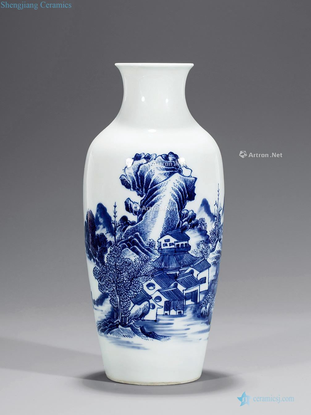 Qing qianlong Blue and white landscape character of goddess of mercy bottle