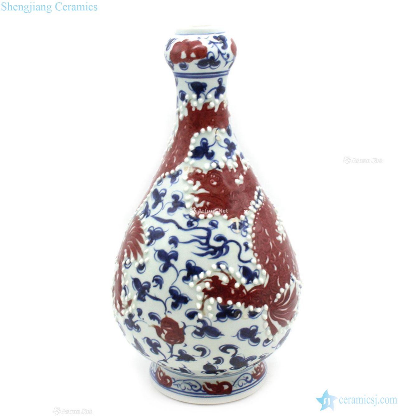 At the end of the yuan Ming Pearl to blue and white youligong red dragon grain bottle of garlic