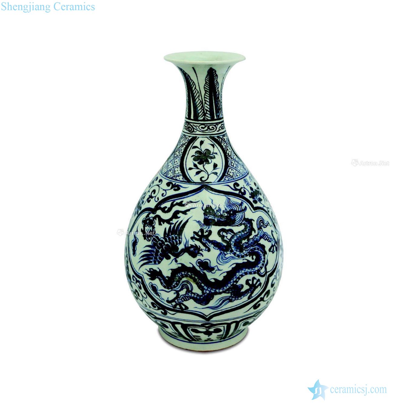 Blue and white medallion longfeng grain okho spring bottle