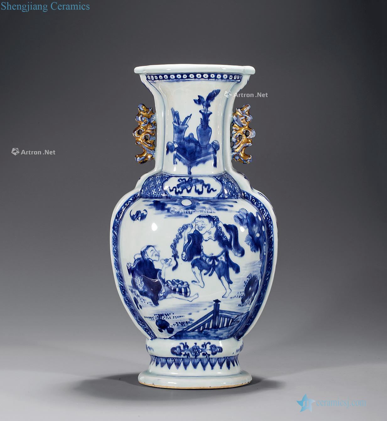 Qing qianlong Blue and white bang spittor flower bottle mouth