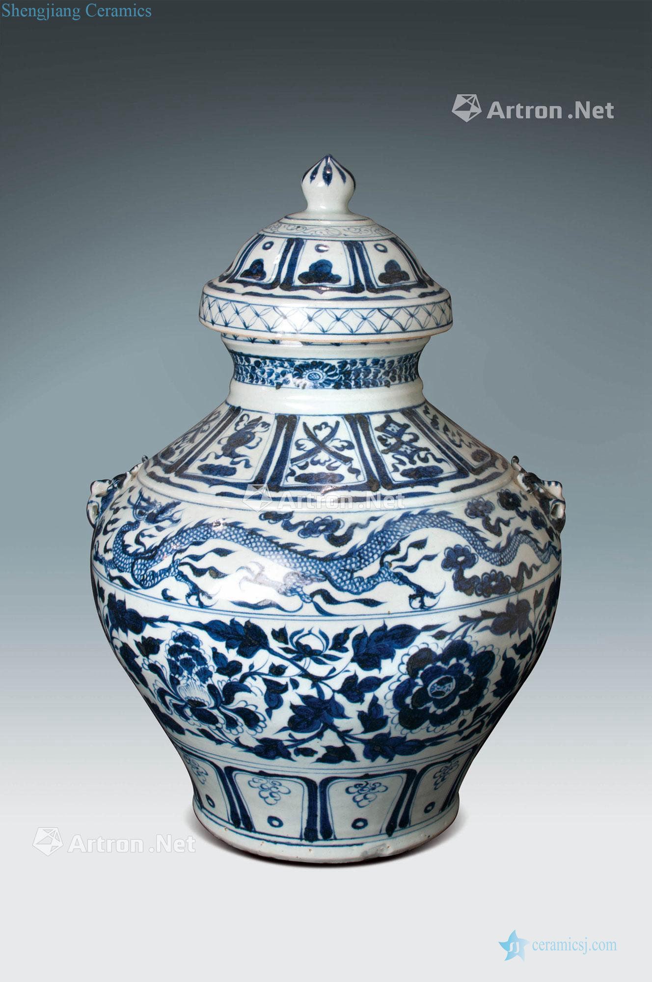 Ming Blue and white peony dragon cover tank