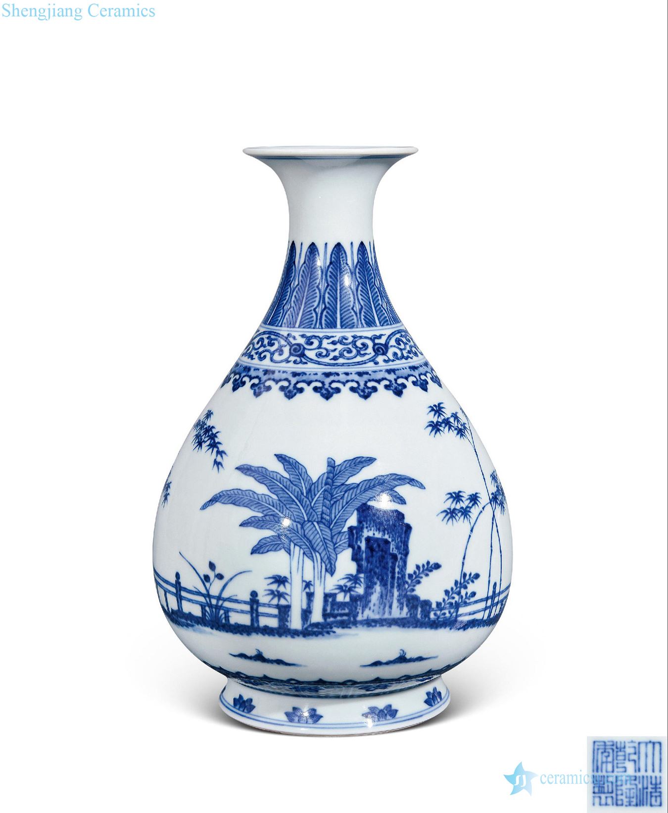 Qing qianlong Blue and white bamboo stone plantain okho spring