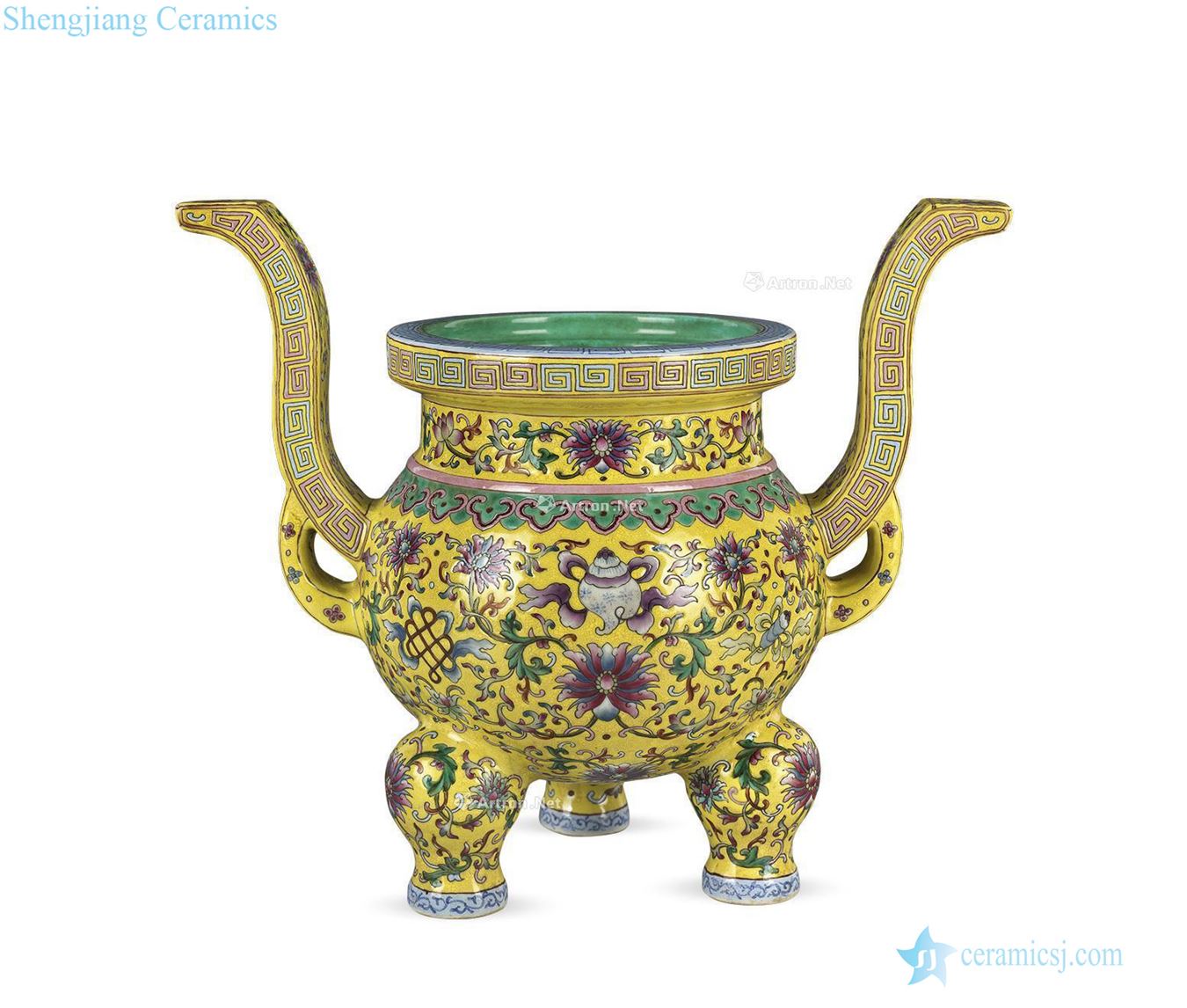 Mid qing Pastel lotus eight auspicious ears furnace with three legs