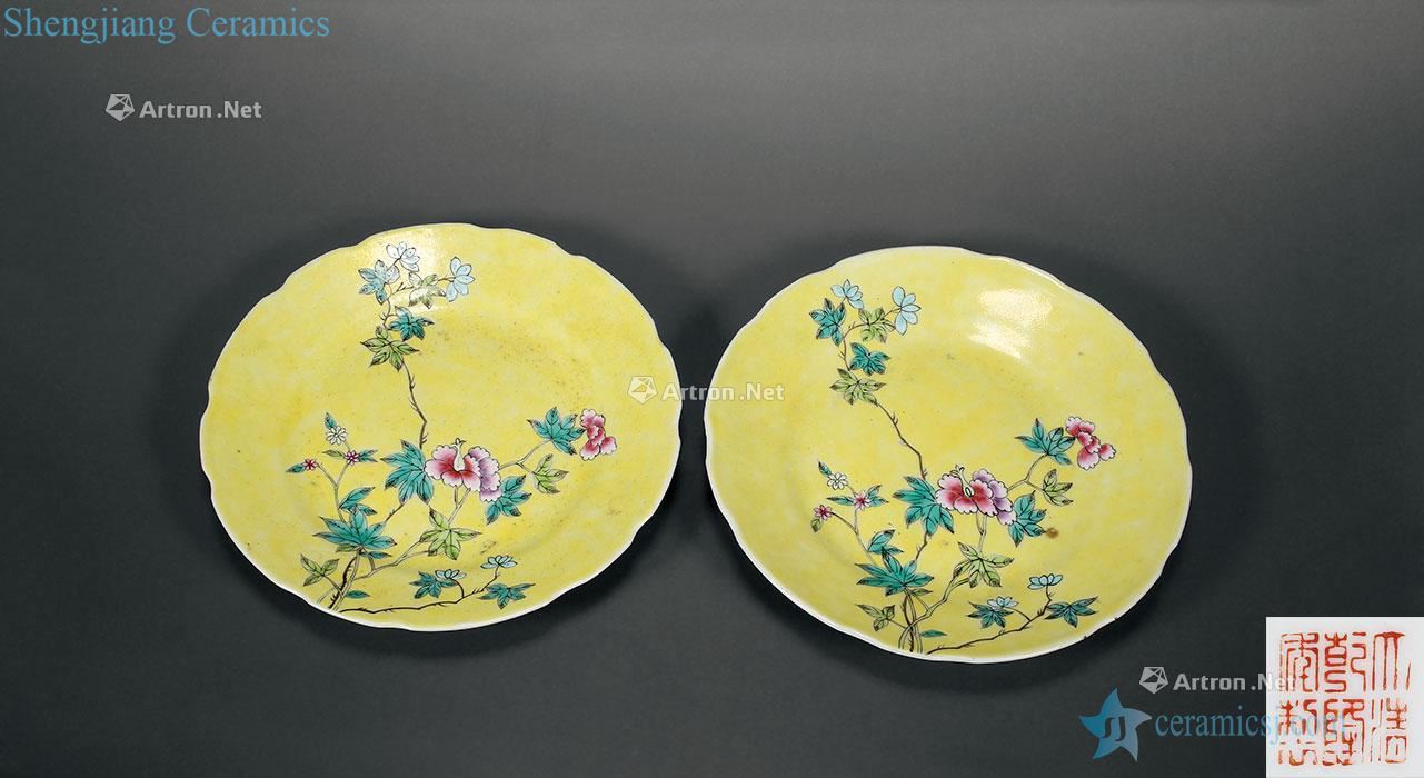 In late qing "qing qianlong year" section in yellow rolling way pastel flowers mouth tray (a)