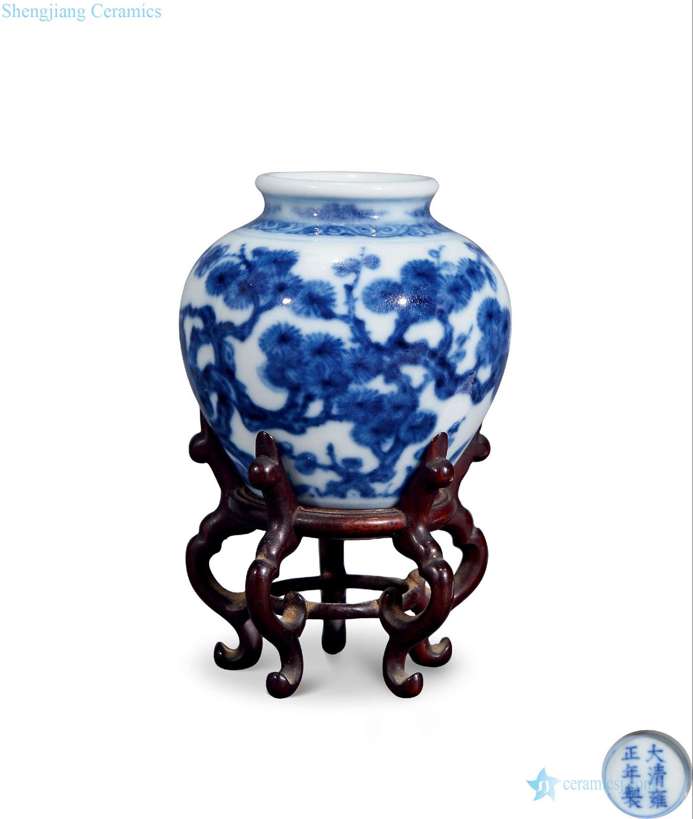 Qing yongzheng Blue and white shochiku canister