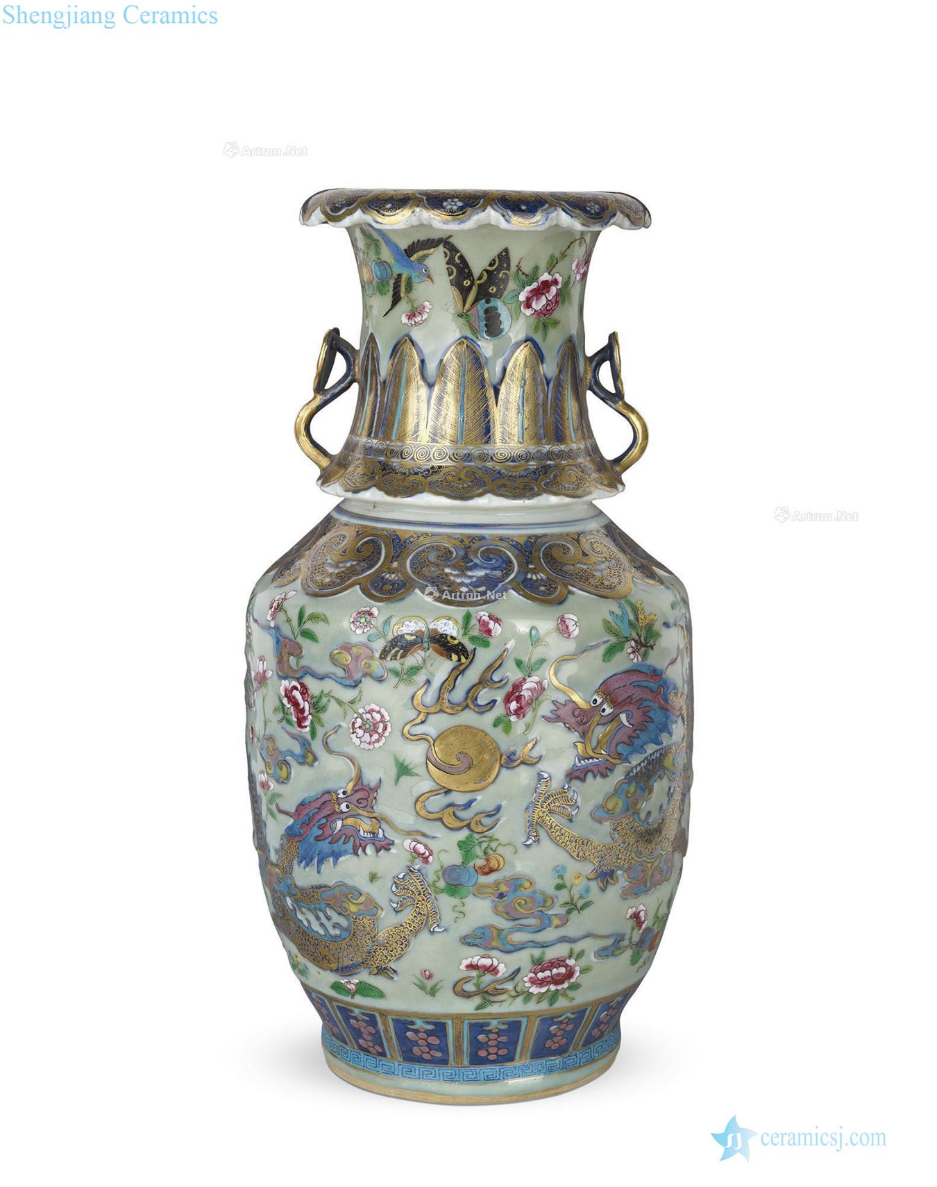 Mid qing Pea green glaze colorful paint dragon playing pearl grain bottle
