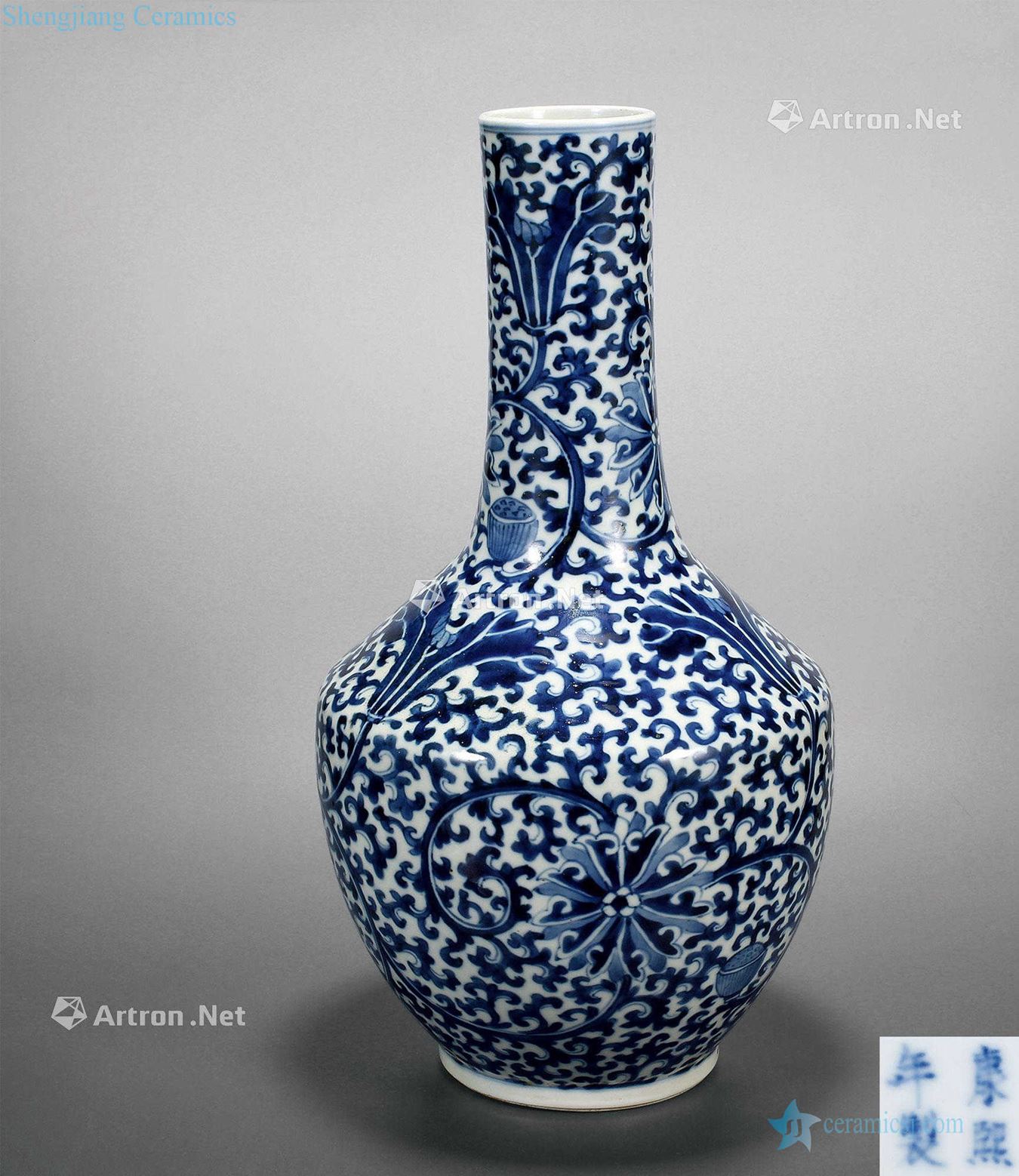 "Qing qing emperor kangxi years" kind of blue and white lotus flower bottle
