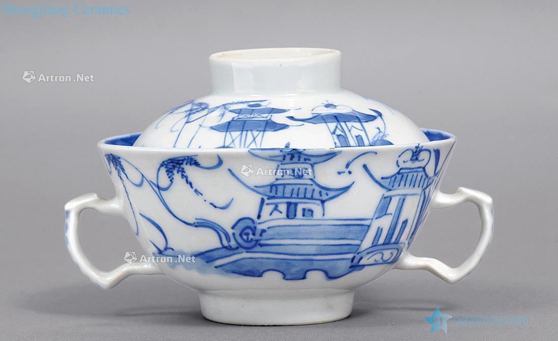 qing Blue and white landscape ears tureen